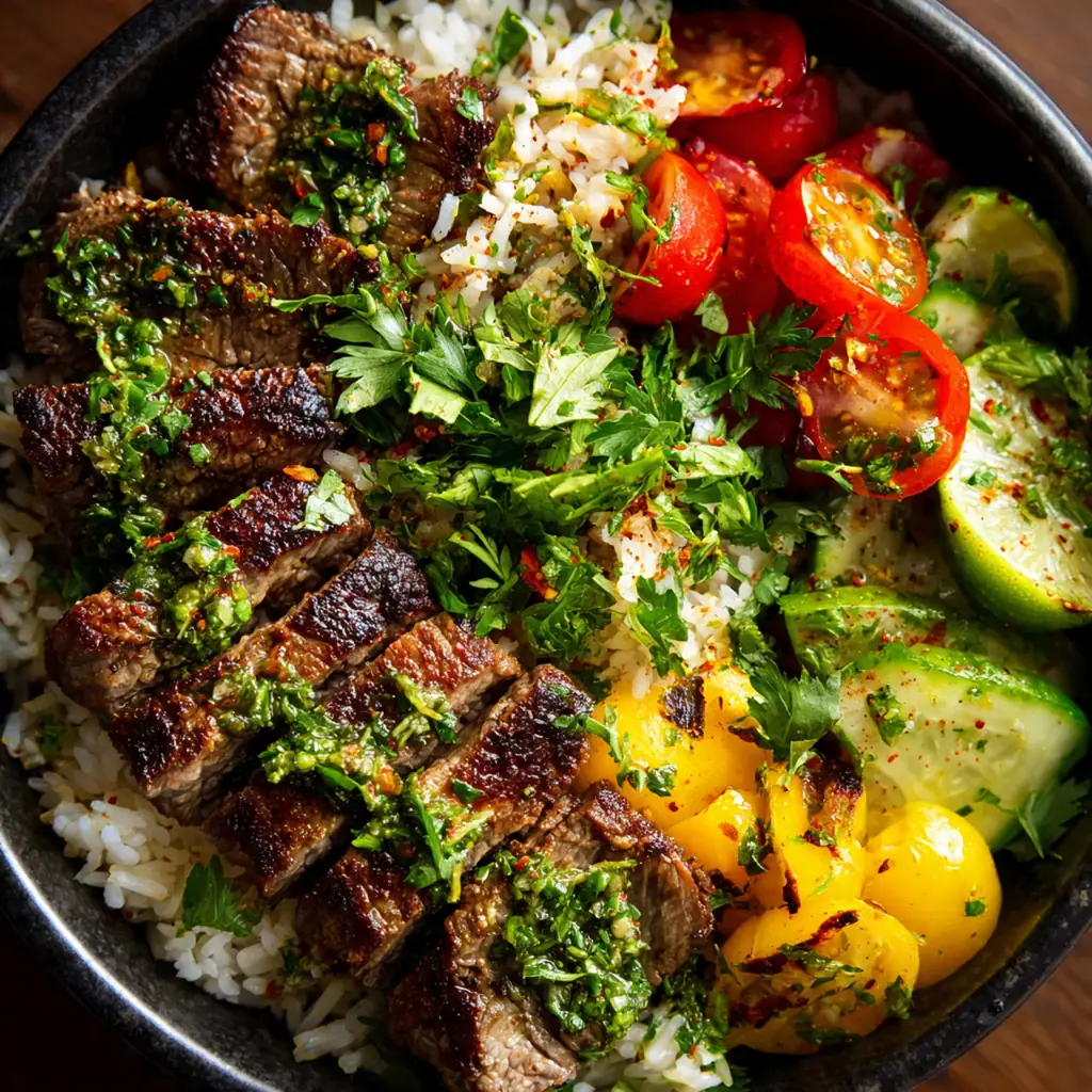 A cast-iron skillet with a perfectly seared steak resting before being sliced for the bowls.