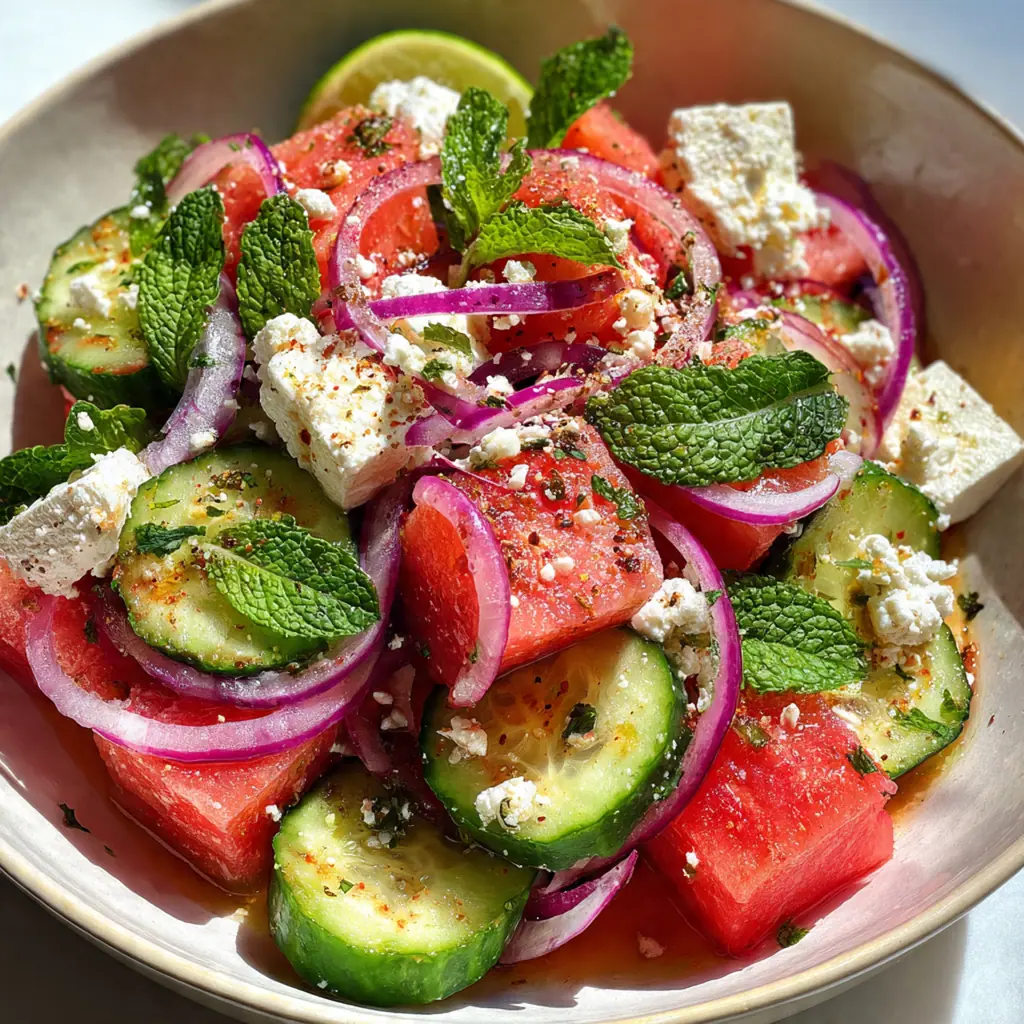 Overhead shot of the finished salad in a white bowl, garnished with whole mint leaves and Kalamata olives