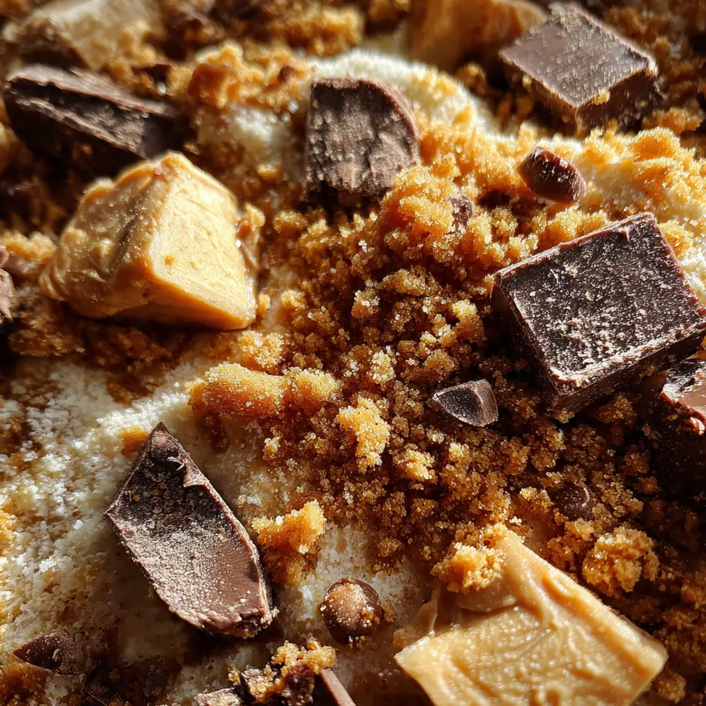 Close-up of the chopped Reese's peanut butter cups scattered over the glossy chocolate topping