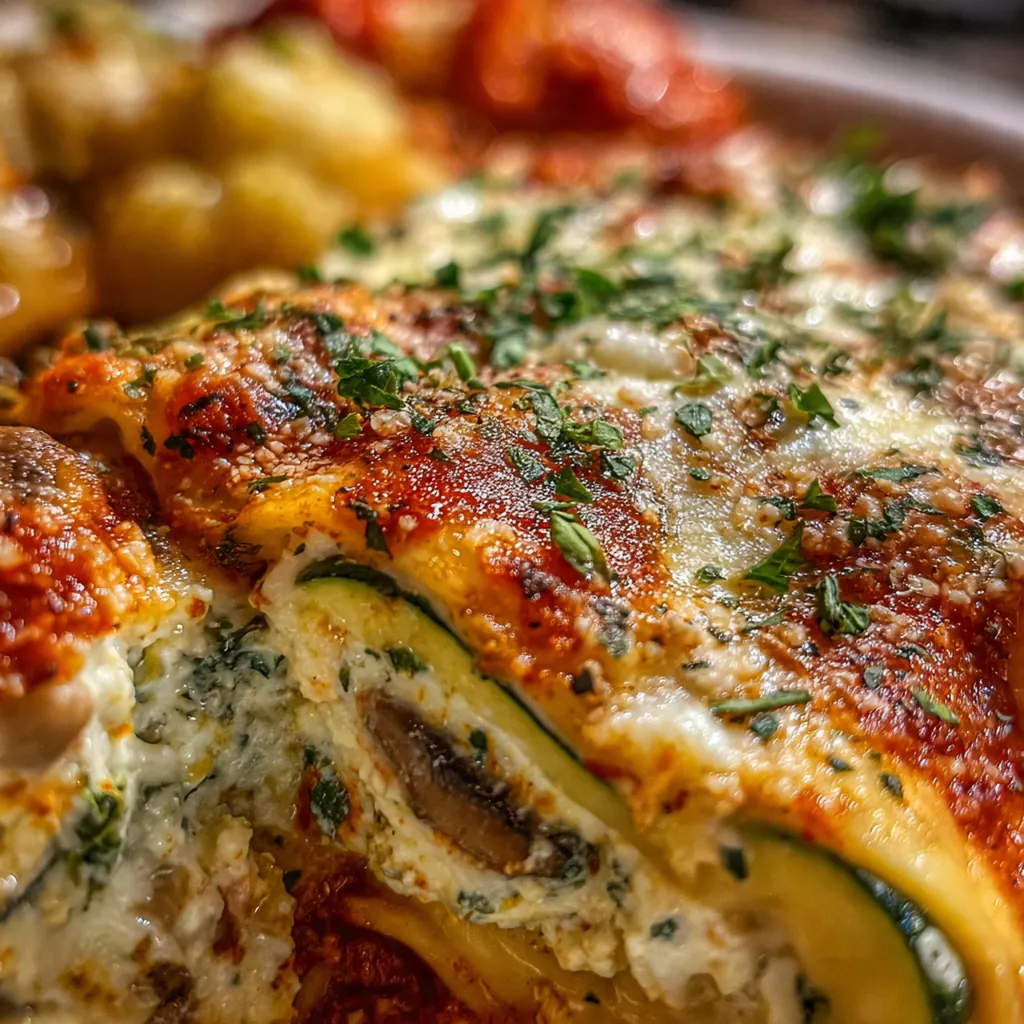 Close-up slice showing creamy ricotta, sautéed zucchini and mushrooms, and marinara layers