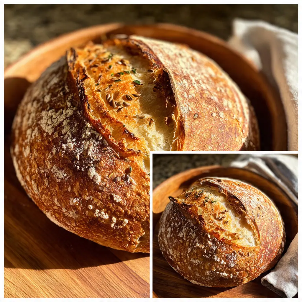 Close-up of a slice of hearty sourdough bread showing the moist, nutty crumb and thick crust