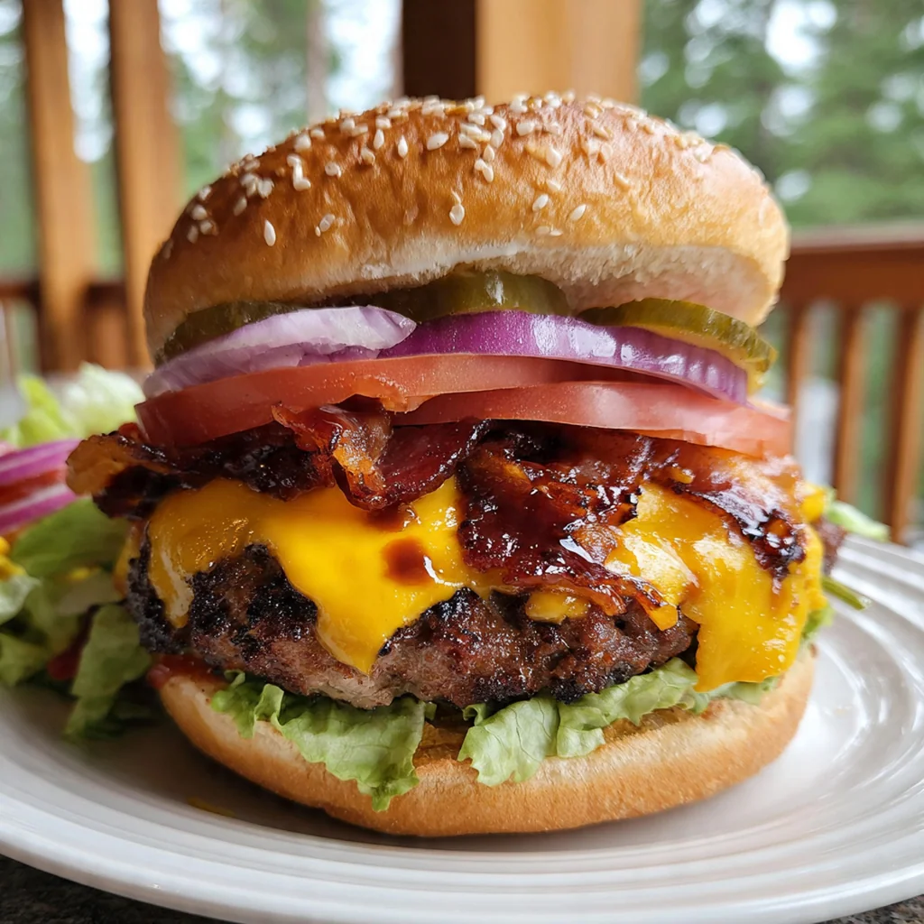 Close-up of a juicy burger patty glazed with rich, glossy bourbon barbecue sauce and topped with sharp cheddar