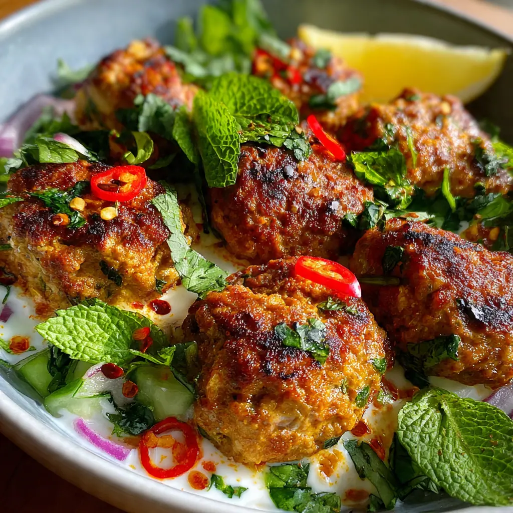 Close-up of a juicy chicken kofta kebab being dipped into a bowl of garlic mint yogurt sauce