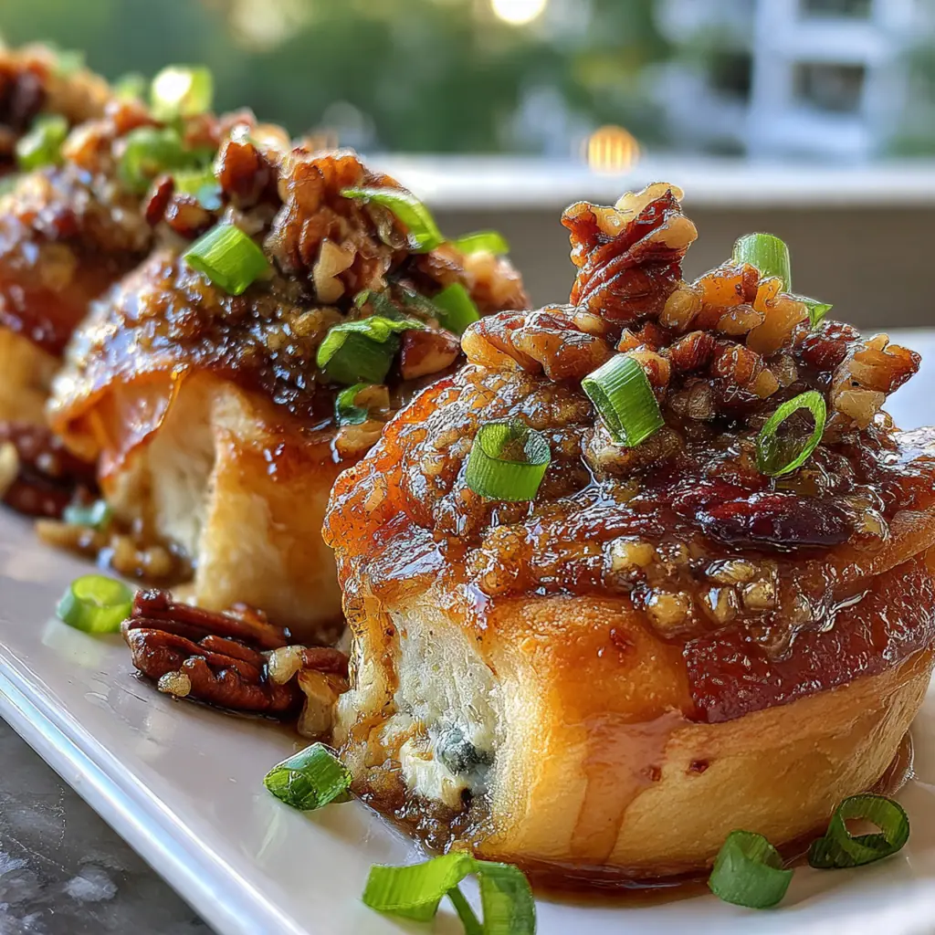 Close-up of a single fluffy pull-apart roll with bits of crispy bacon and a cascade of sweet glaze.