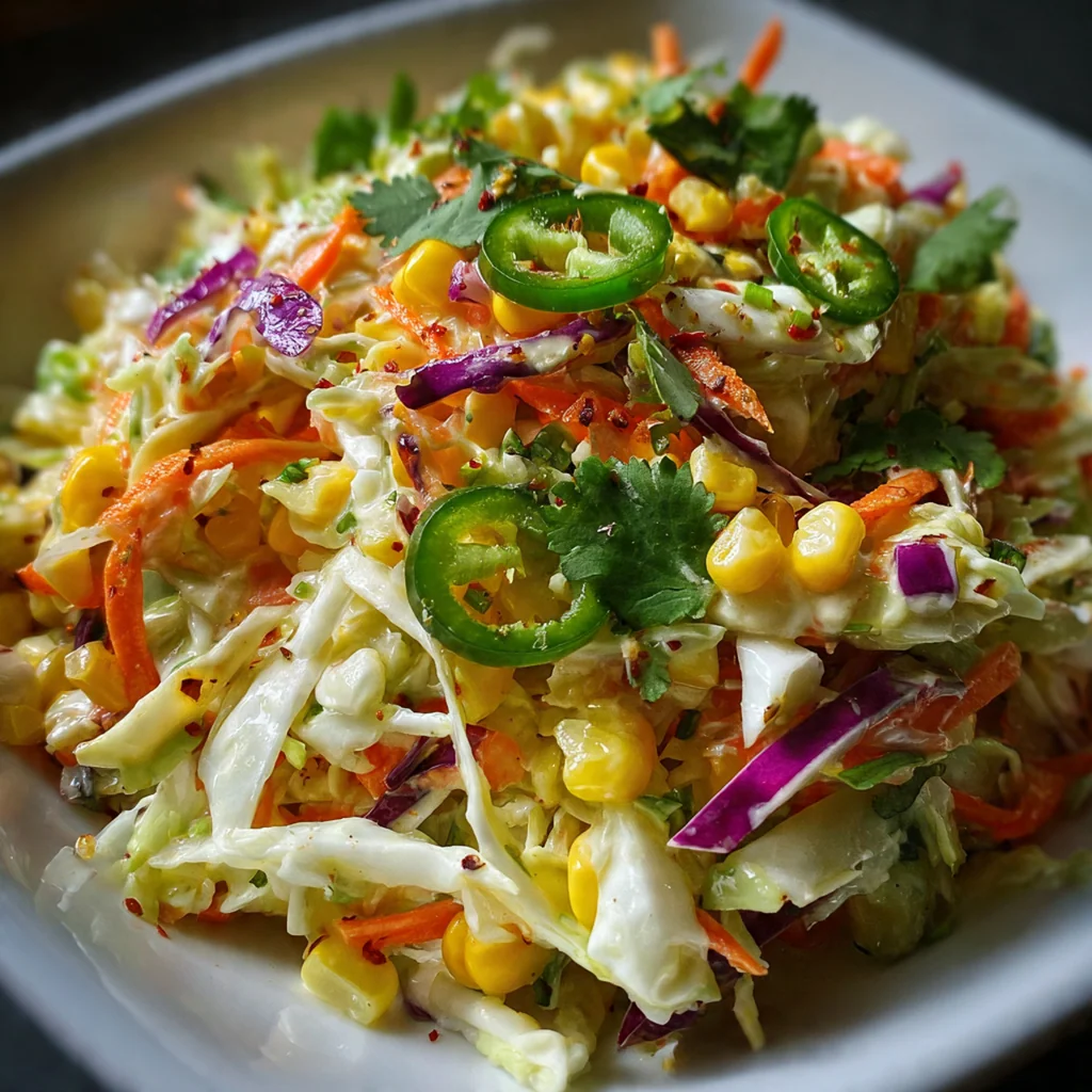 Close-up of crunchy shredded cabbage with bright yellow corn kernels and green jalapeno pieces