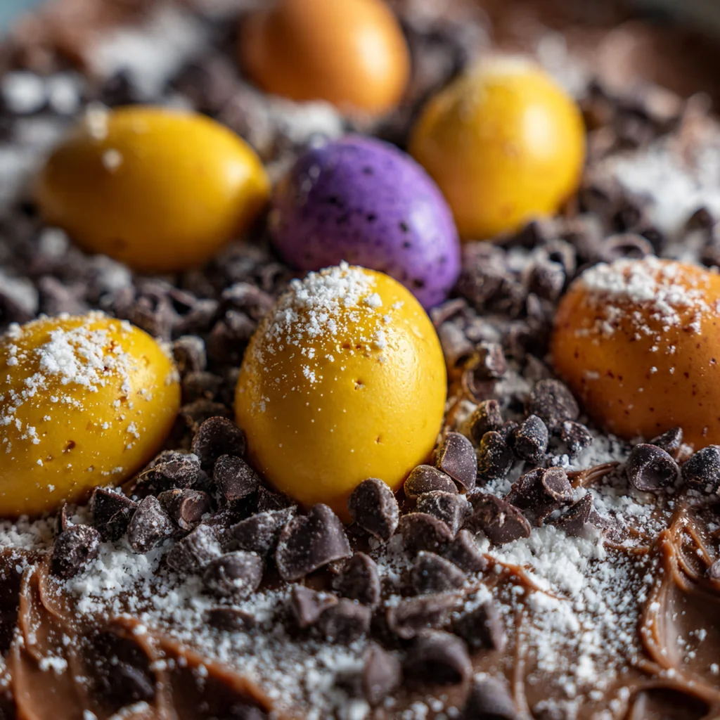 Close-up of smooth chocolate fudge with visible Cadbury Mini Eggs and colorful swirled centers