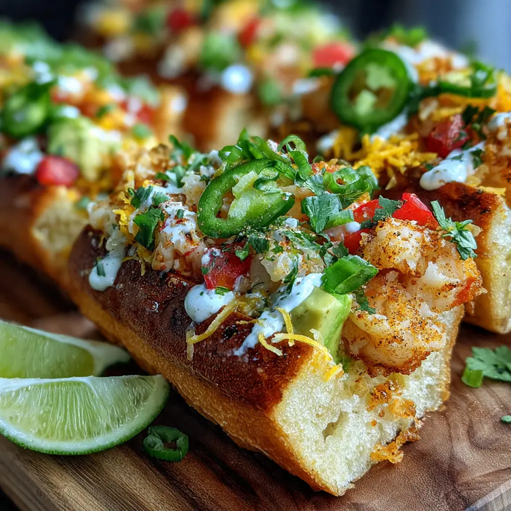 Close-up of a Shrimp Crab Nacho Dog with bubbly cheese and colorful toppings