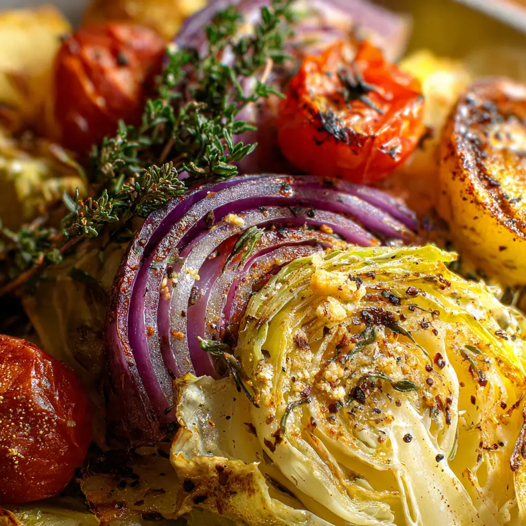 Colorful plated dinner with cabbage wedges, chickpeas, and tahini sauce next to fresh lemon wedges