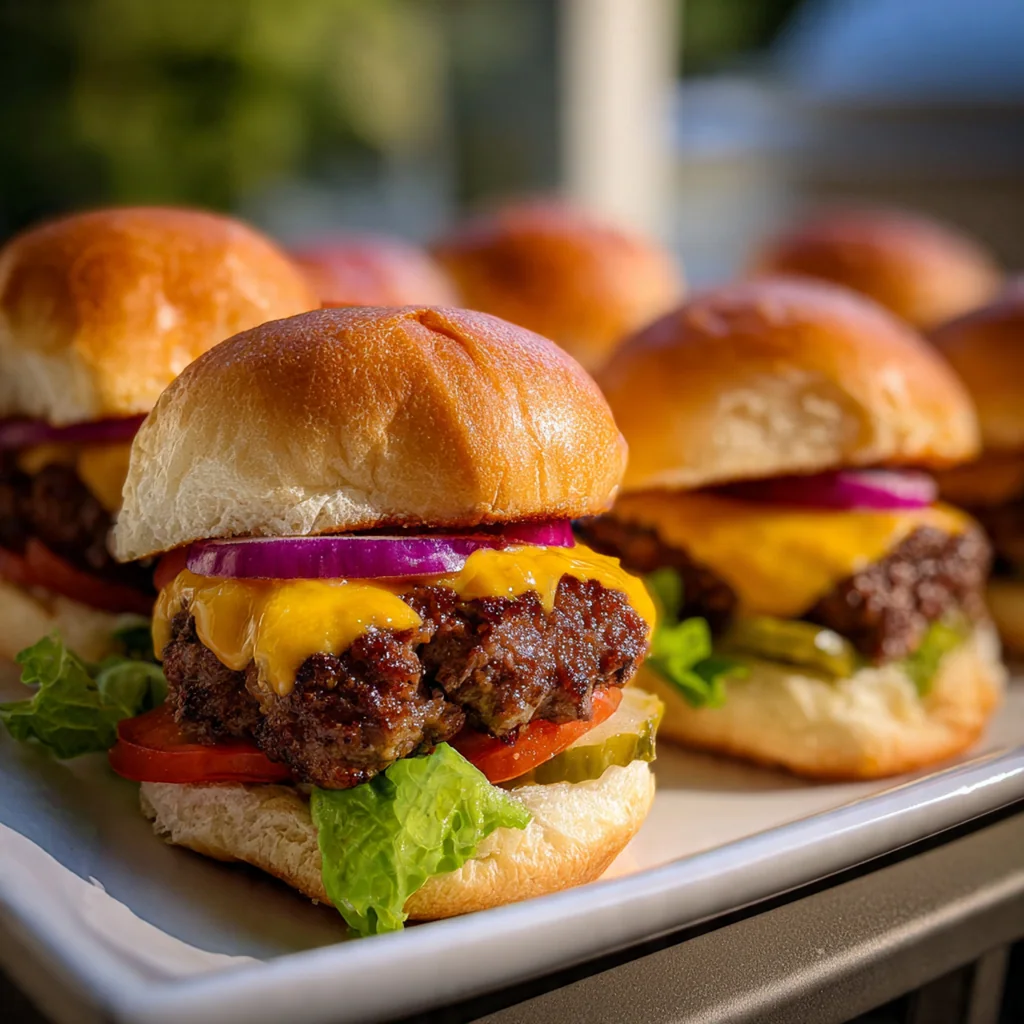 Close-up of a mini cheeseburger slider showing juicy beef patty, melted cheese, and pickles