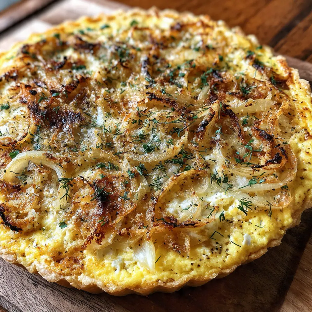 Whole tart presented on a rustic wooden board garnished with fresh thyme leaves