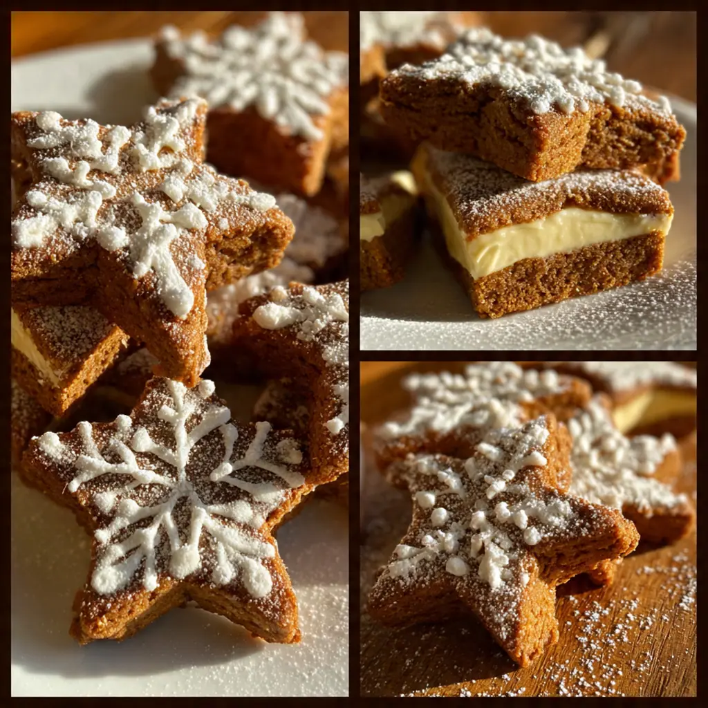 Close-up of a gingerbread cheesecake cookie broken in half, showing the creamy white filling swirled inside