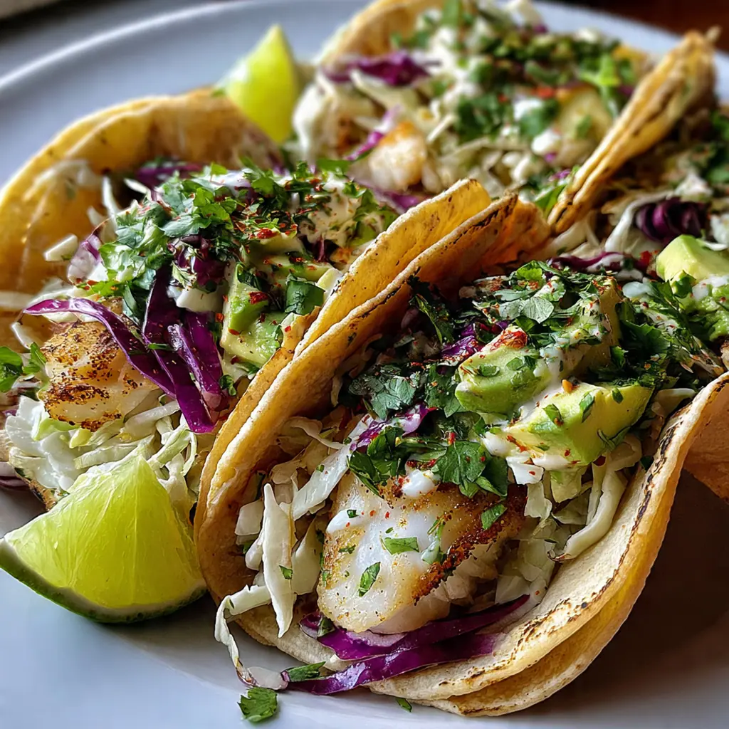 A platter of assembled Baja fish tacos with optional toppings like avocado and radishes on the side.