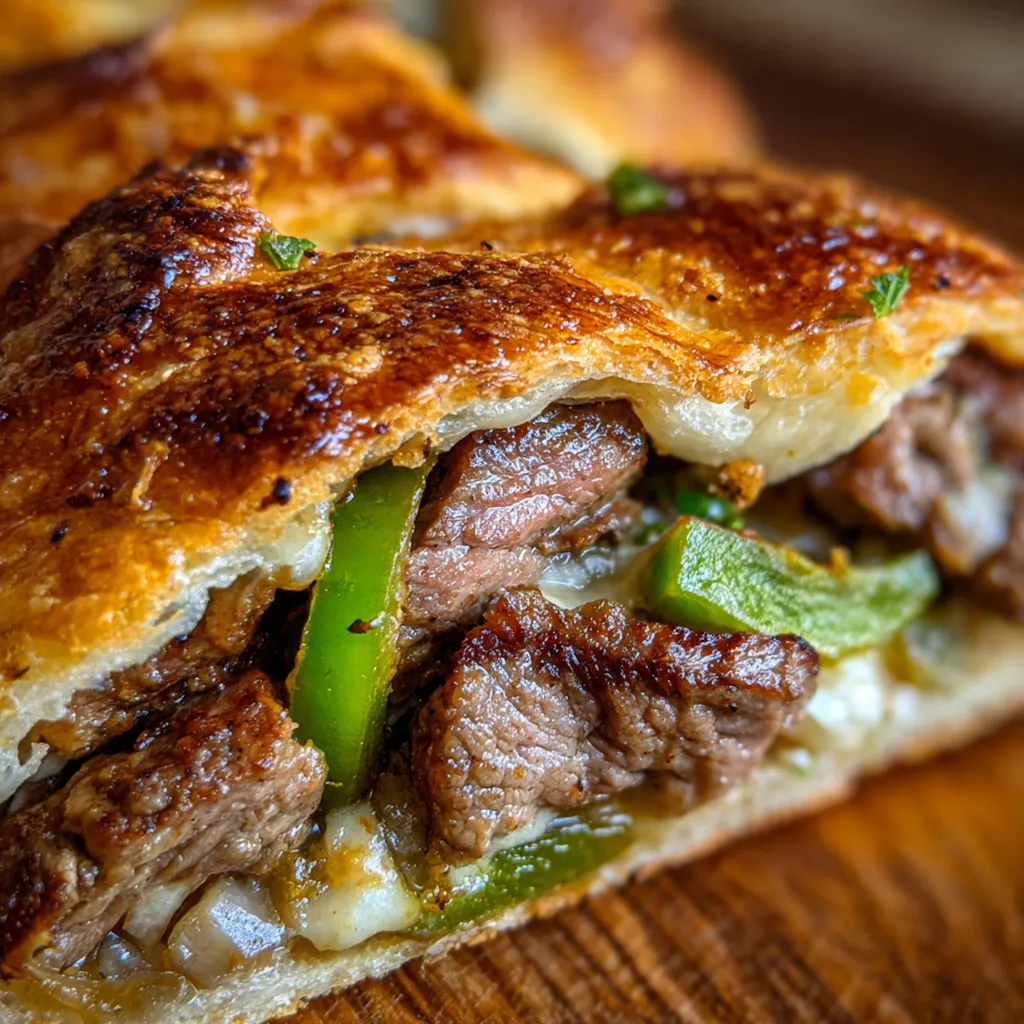 Close-up of a flaky crescent pulled apart to show melty provolone and savory steak filling
