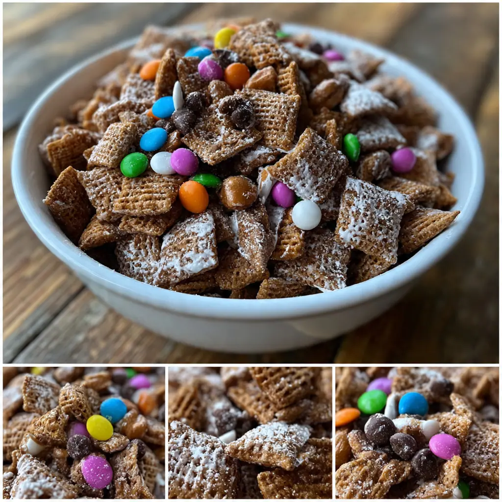 A colorful bowl of Brownie Batter Puppy Chow topped with sprinkles ready for a party