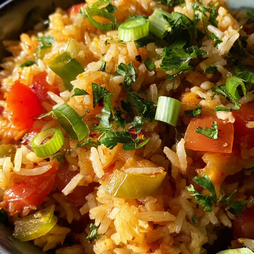 Close-up of a spoonful of flavorful rice showcasing the finely chopped meats and vegetables