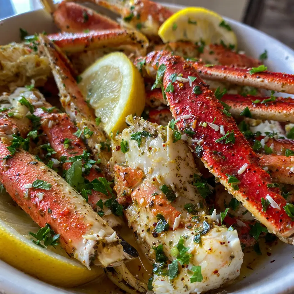 A rustic platter of crab legs served with crusty bread and corn for a complete meal