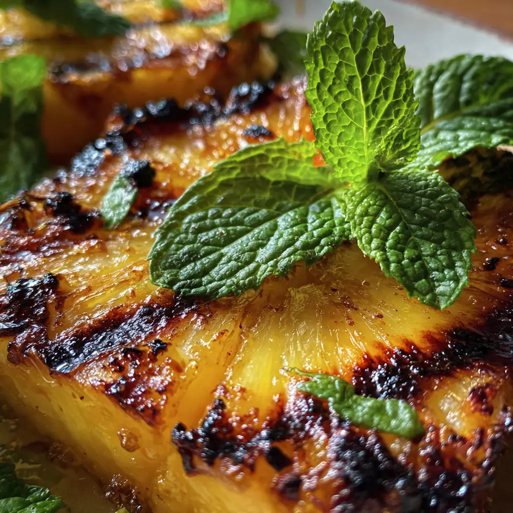 Close-up of a sticky grilled pineapple ring topped with fresh mint and toasted coconut