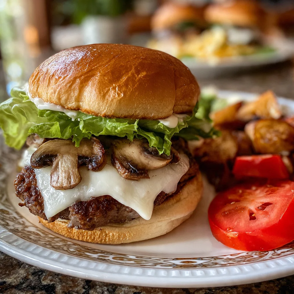 Close-up of a toasted brioche bun stacked with a Swiss cheese-covered patty and rich mushroom topping