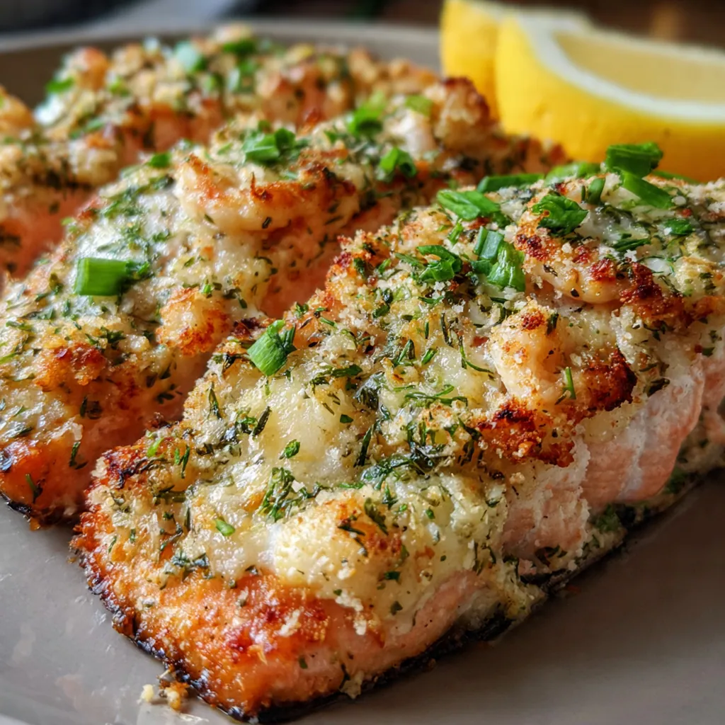 Close-up of a flaky piece of salmon with chunks of crab and shrimp, garnished with fresh dill and a lemon wedge.