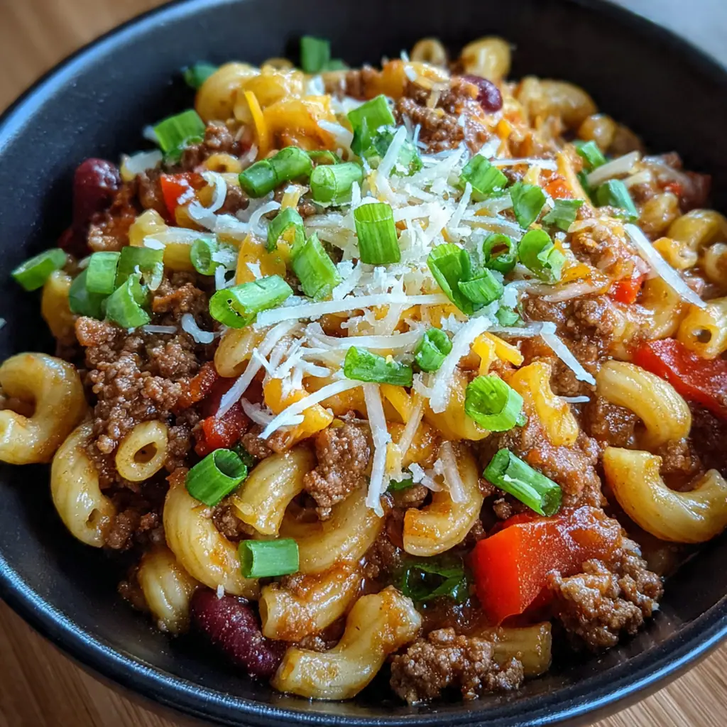 A bowl of chili mac topped with green onions and sour cream next to a piece of cornbread