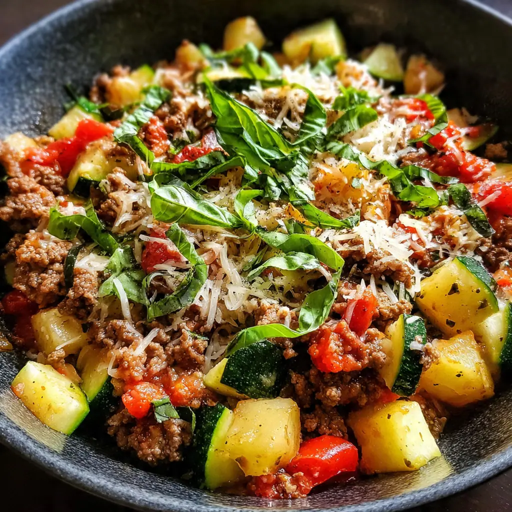 Close-up of a spoon lifting a cheesy, saucy portion of the Ground Beef Zucchini Skillet with visible herbs