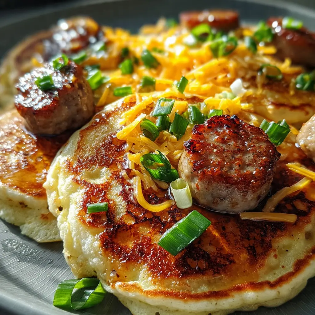 Close-up of a fluffy wedge of pancake filled with savory sausage crumbles on a plate