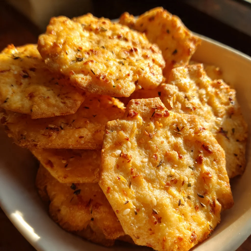 Close-up of crispy homemade cheddar crackers showing their cheesy texture and flaky layers