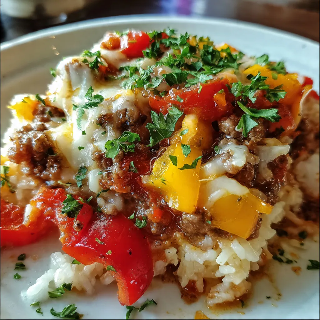 A family-style plate of stuffed pepper casserole beef served with a green salad and garlic bread