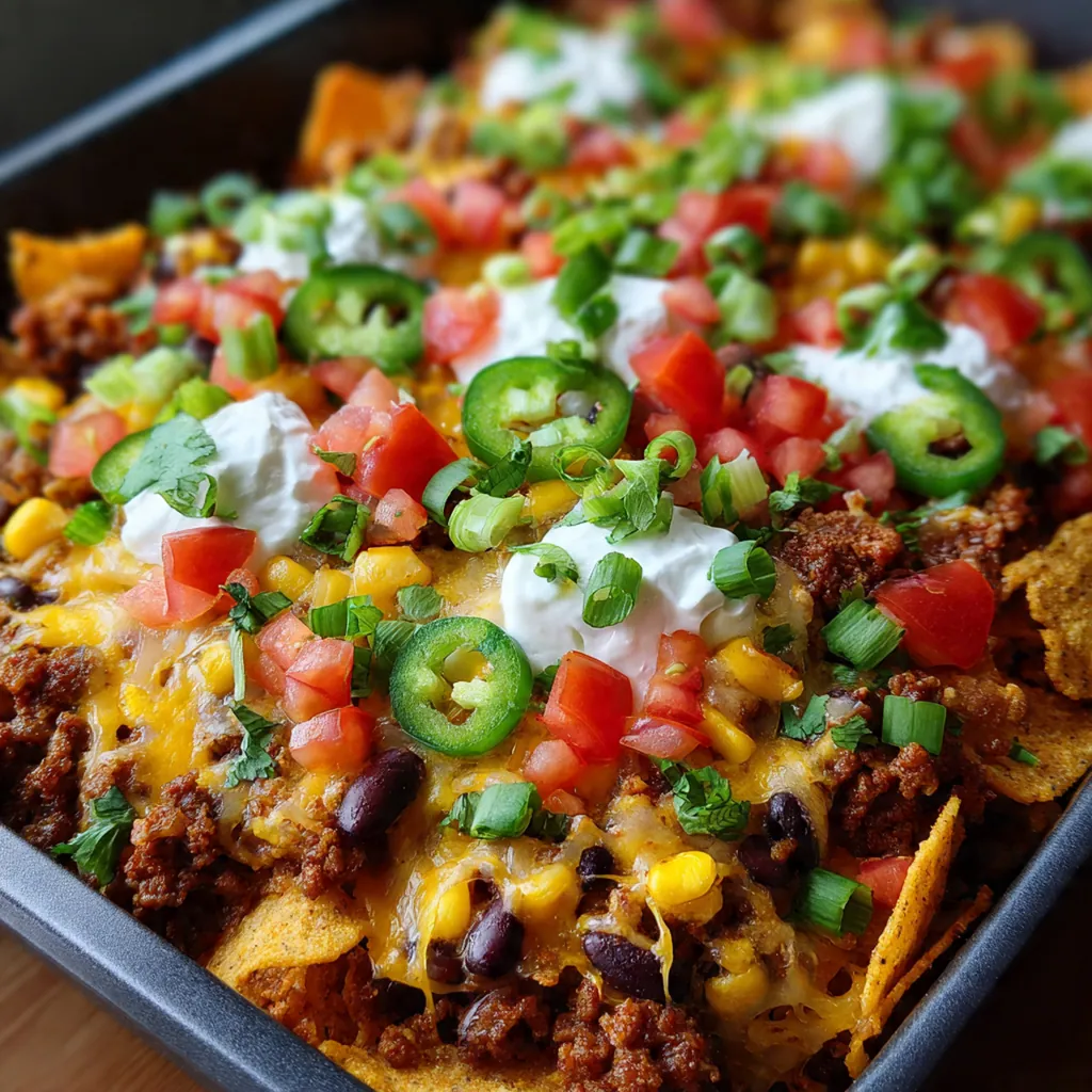 Close-up of a serving spoon lifting a cheesy portion with layers of beef, beans, and Doritos