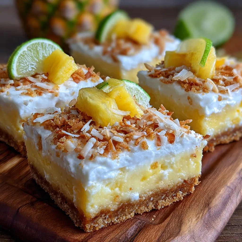 Overhead shot of a platter of pineapple coconut cheesecake bars garnished with toasted coconut and fresh pineapple