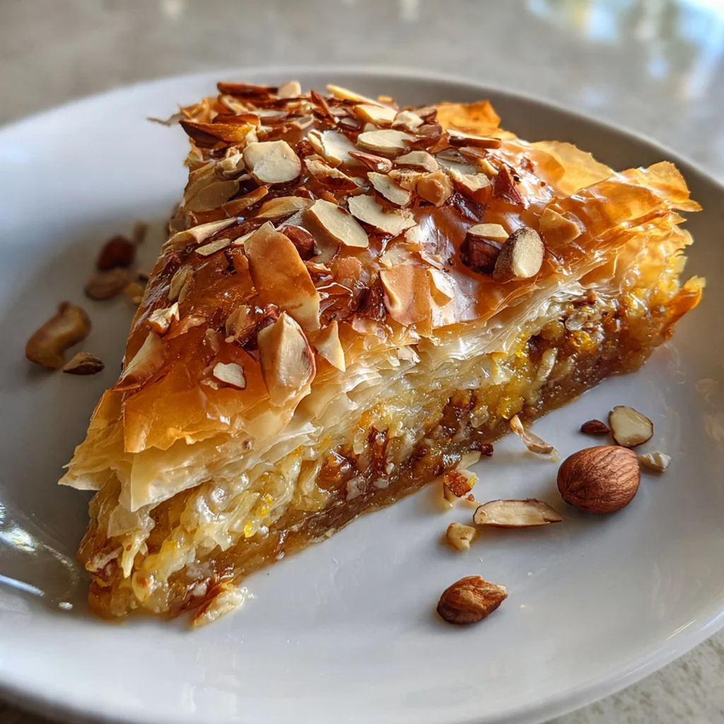Close-up of a slice showing creamy ricotta filling and crispy phyllo layers