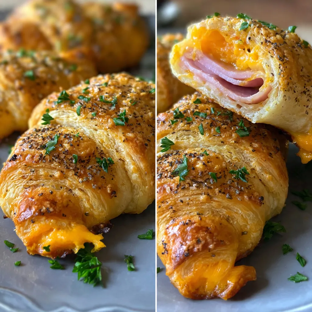 Close-up of a flaky crescent rollup pulled apart to reveal melted cheddar and savory ham inside