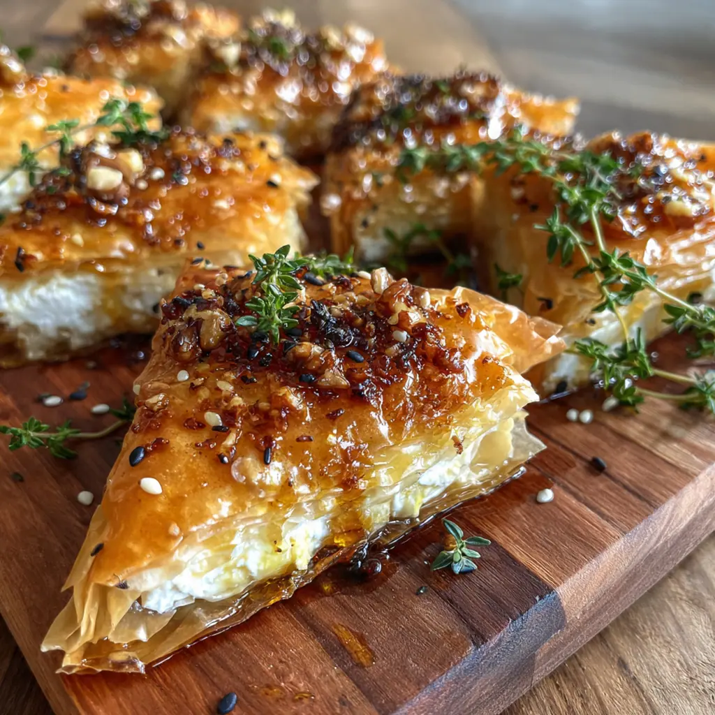 Fresh ingredients for Feta Fillo Honey Bites including fillo dough, feta cheese, honey, and herbs arranged beautifully