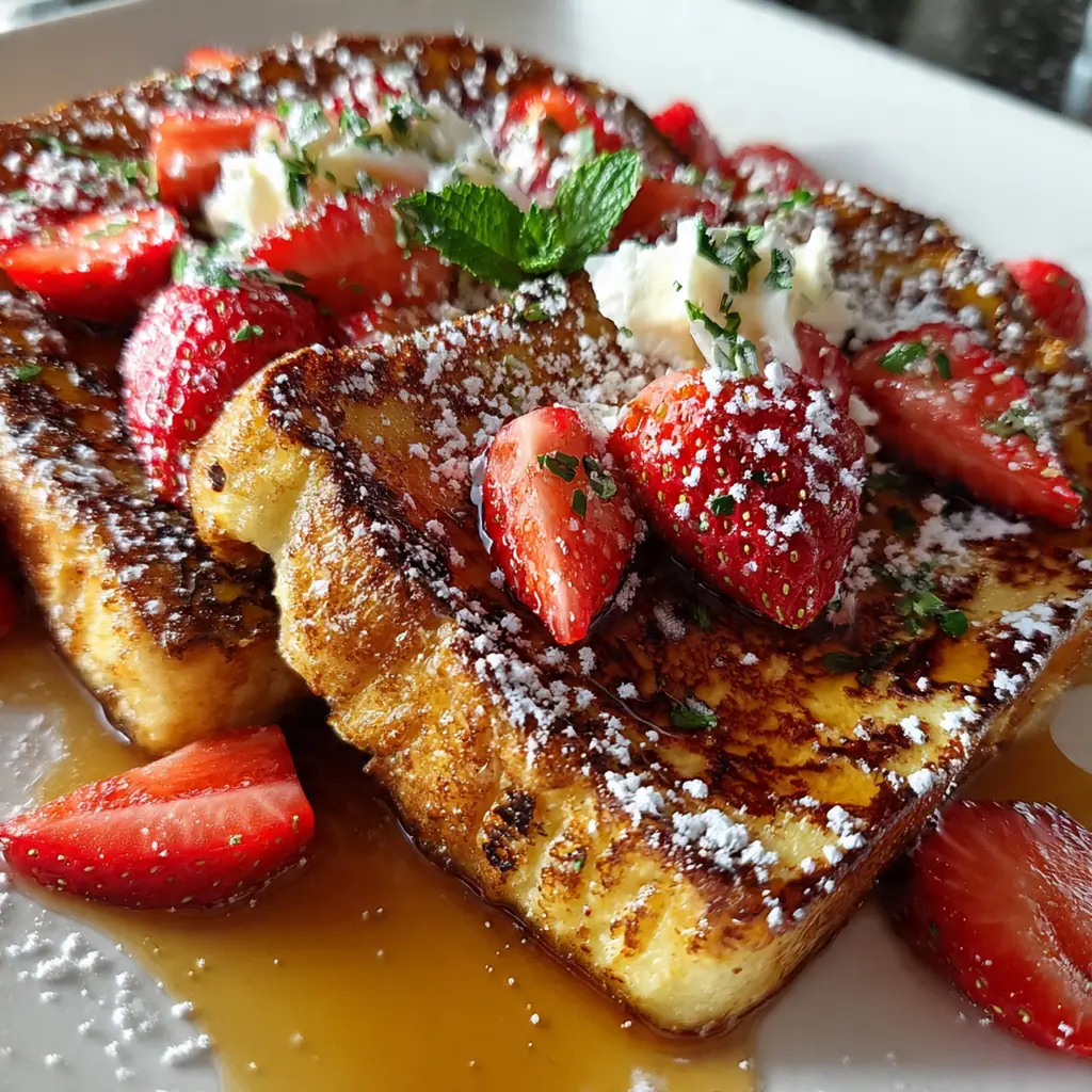 Close-up of a fork cutting into soft, custardy French toast with a pool of maple syrup