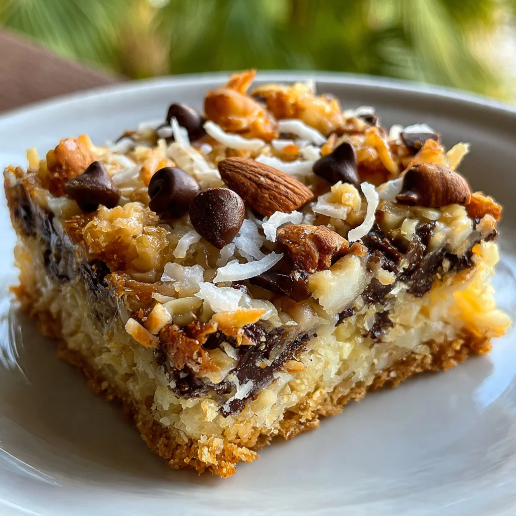 A single square of the bar lifted slightly, revealing layers of graham cracker crust, chocolate, and coconut.