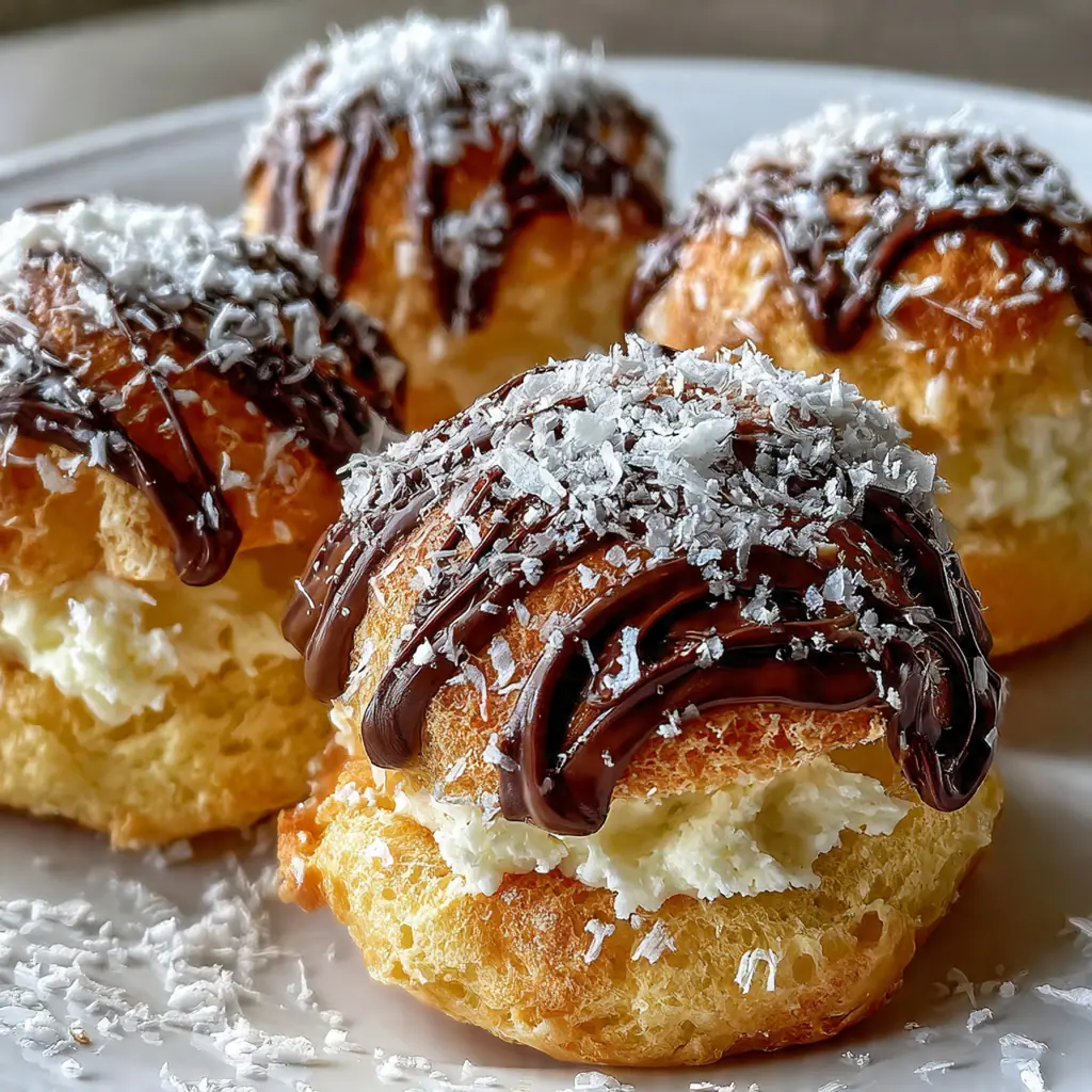 Close-up of a cream puff sliced open to show fluffy coconut cream filling