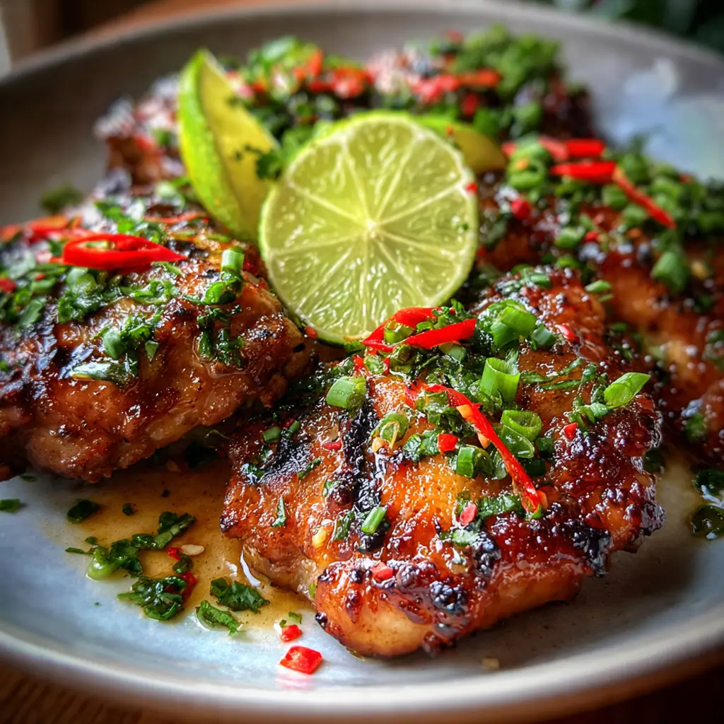 A complete dinner plate with Grilled Thai Coconut Chicken served over jasmine rice and herbs