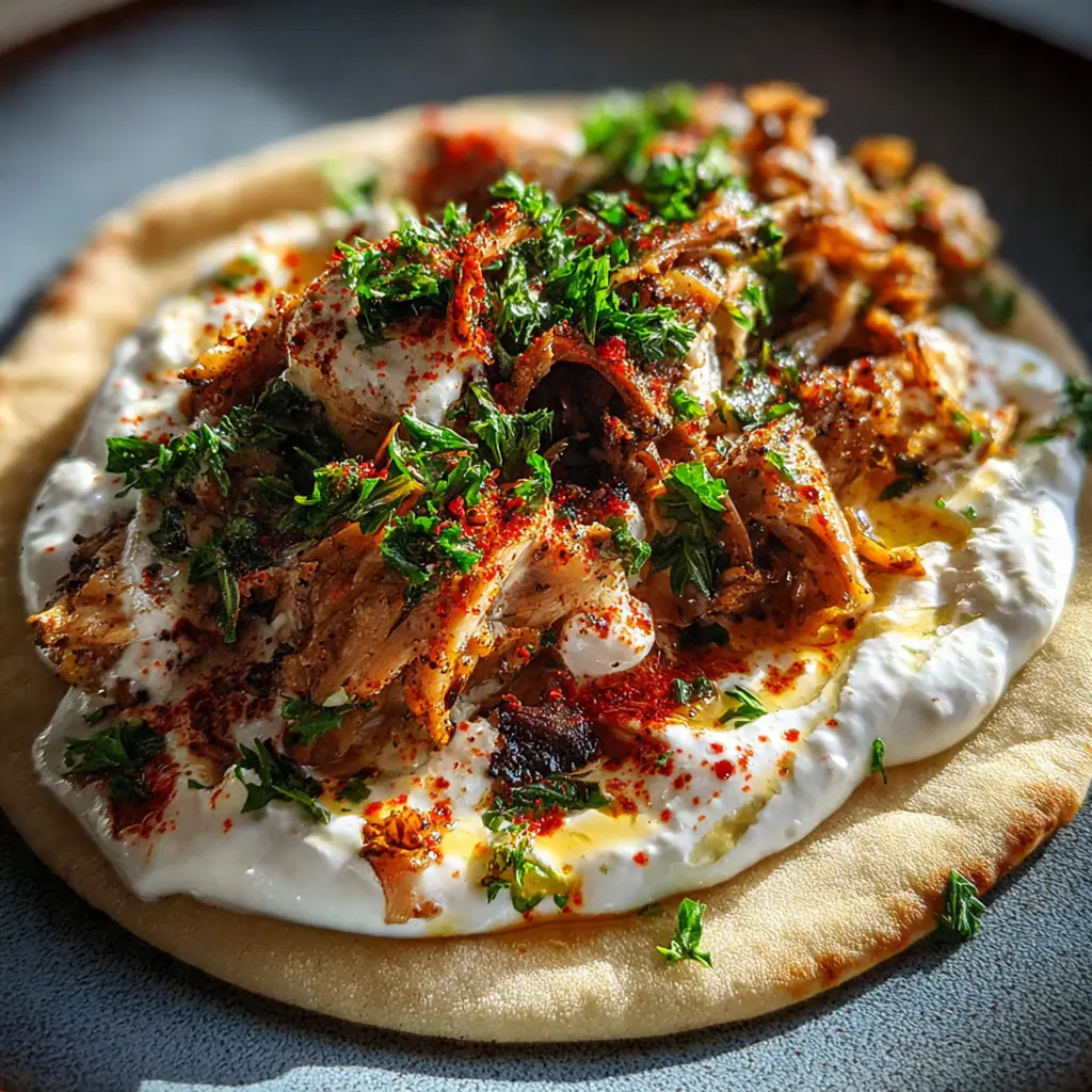 A spoon lifting a dollop of garlic sauce over a backdrop of pita bread and chicken