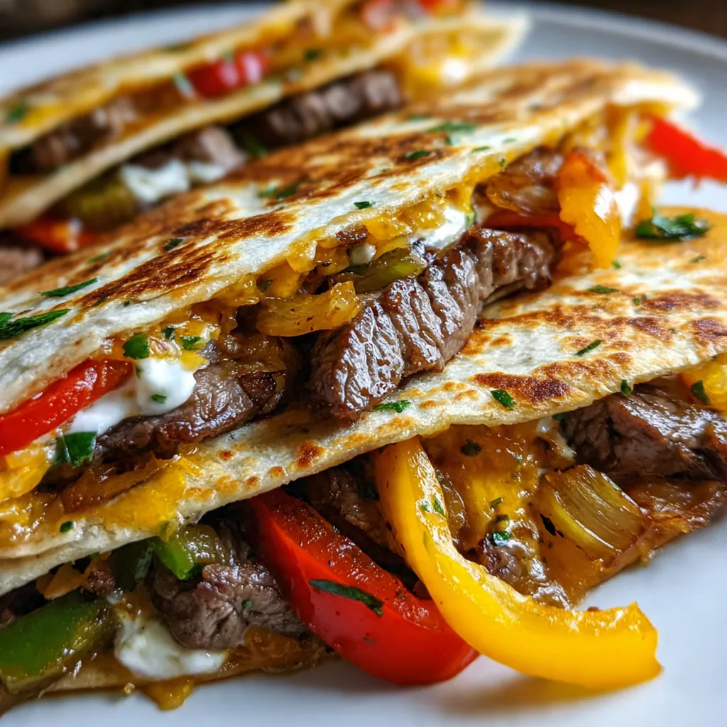 Close-up of a crispy tortilla filled with tender steak, colorful bell peppers, onions, and gooey Monterey Jack cheese