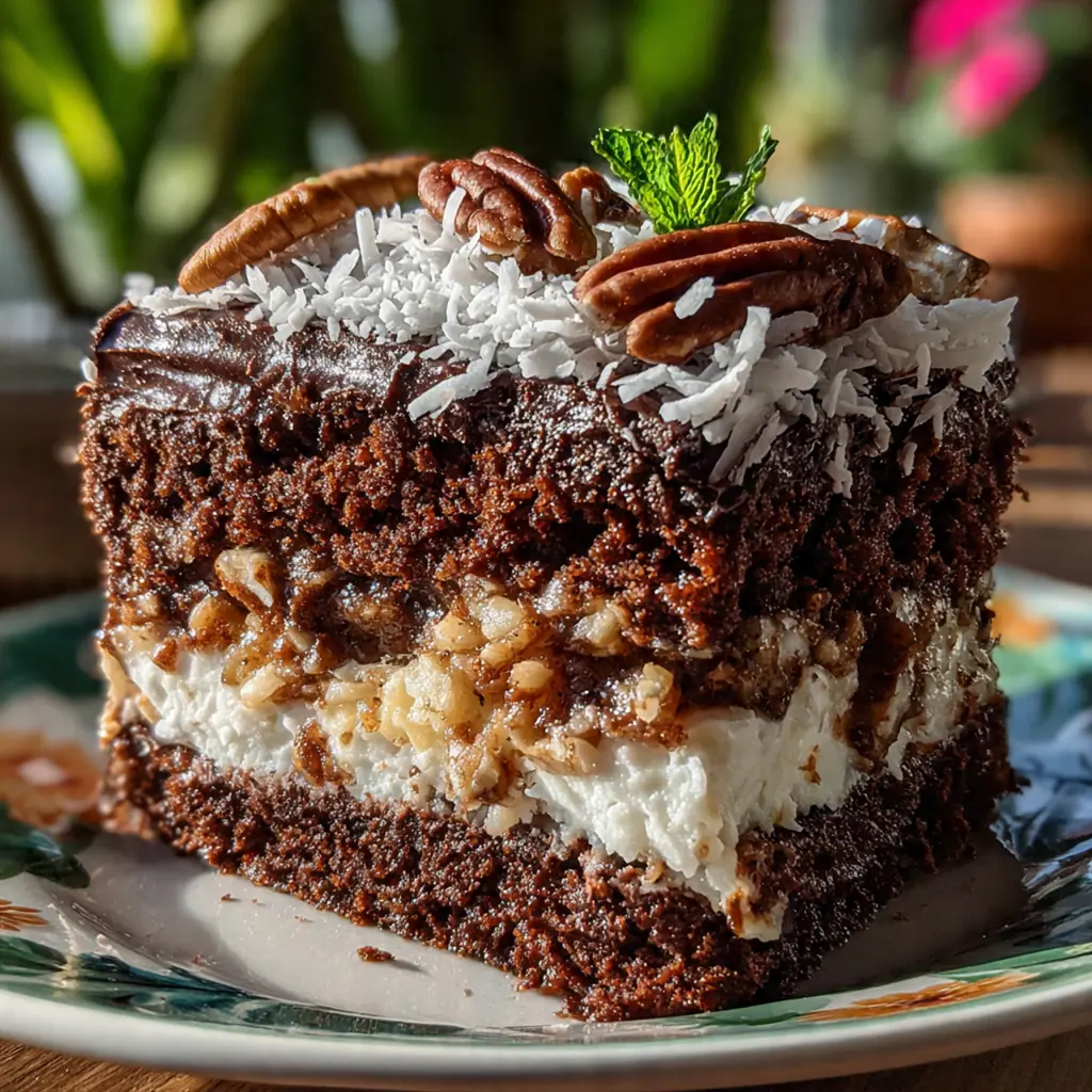 A square of the decadent dessert on a white plate with a fork, garnished with extra coconut and pecans