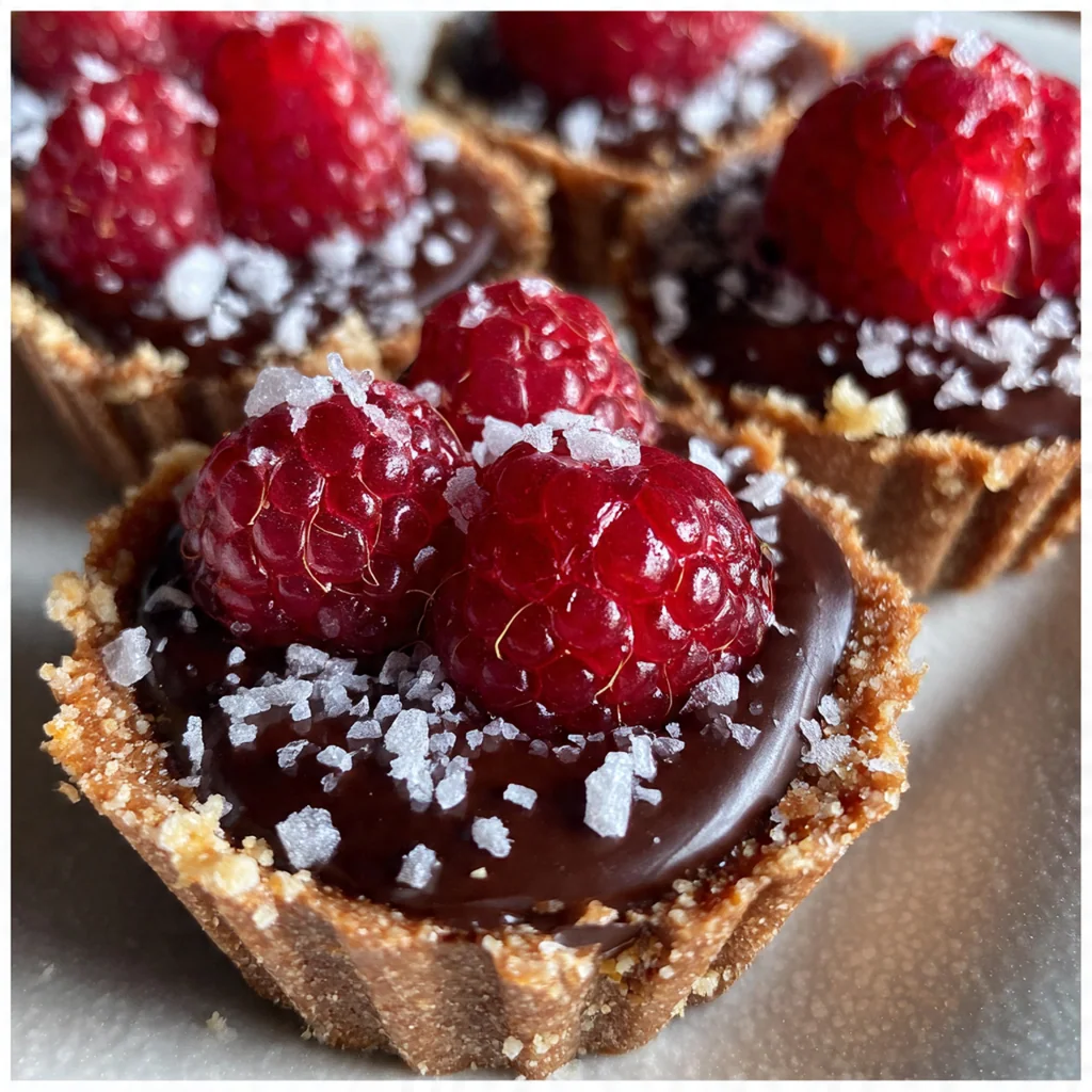 Overhead shot of hands placing a fresh raspberry garnish on a chocolate bite