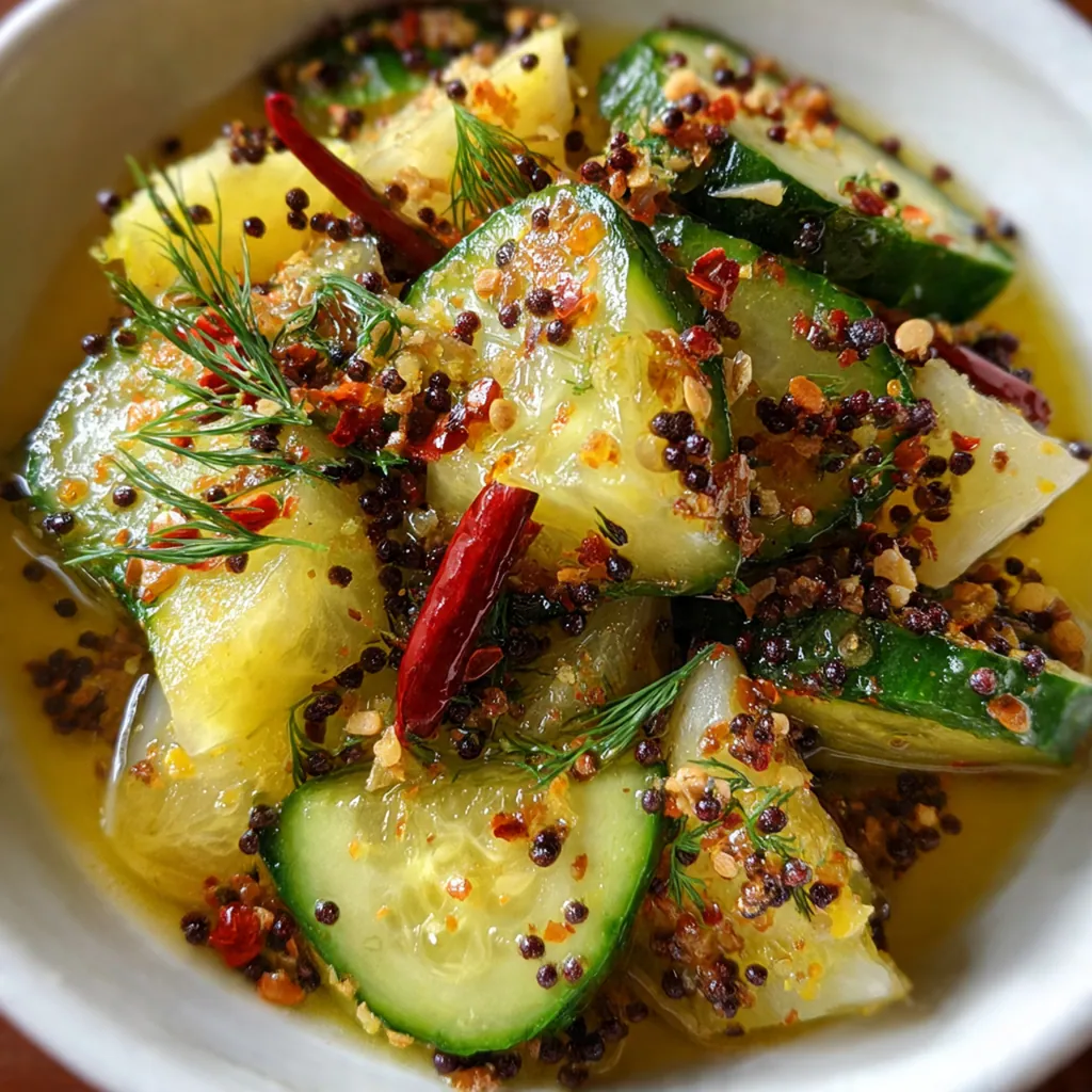 Overhead view of crisp yellow pickle rounds and thin onion slices in a vintage-style bowl