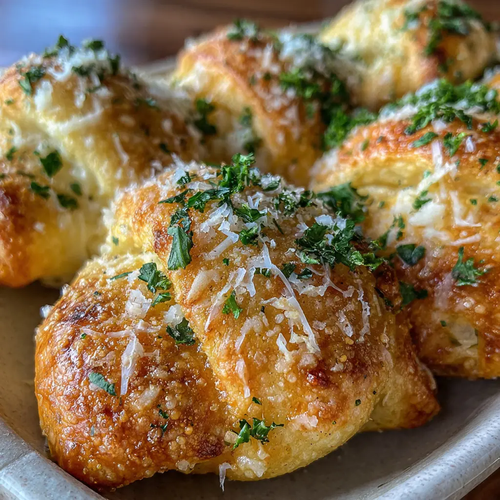 A rustic board with cheesy garlic rolls, a bowl of marinara for dipping, and fresh parsley garnish