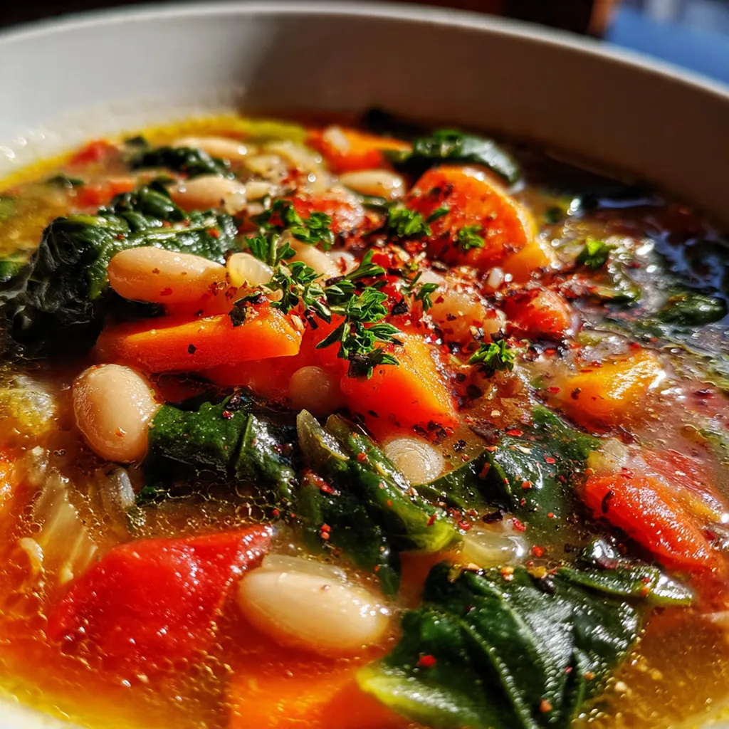 Close-up of creamy cannellini beans and kale in a rich tomato-based broth