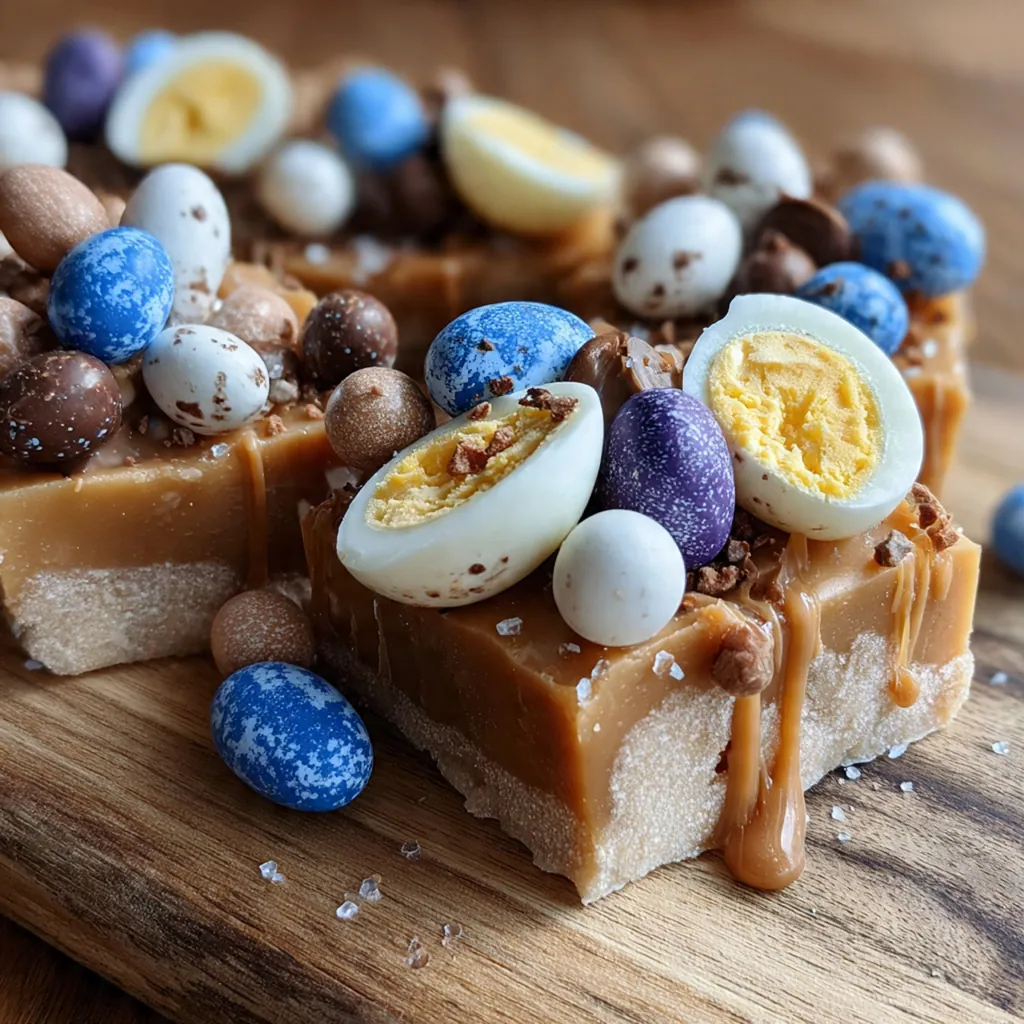 Close-up view of creamy Cadbury Creme Egg fudge showing chopped candy pieces mixed throughout