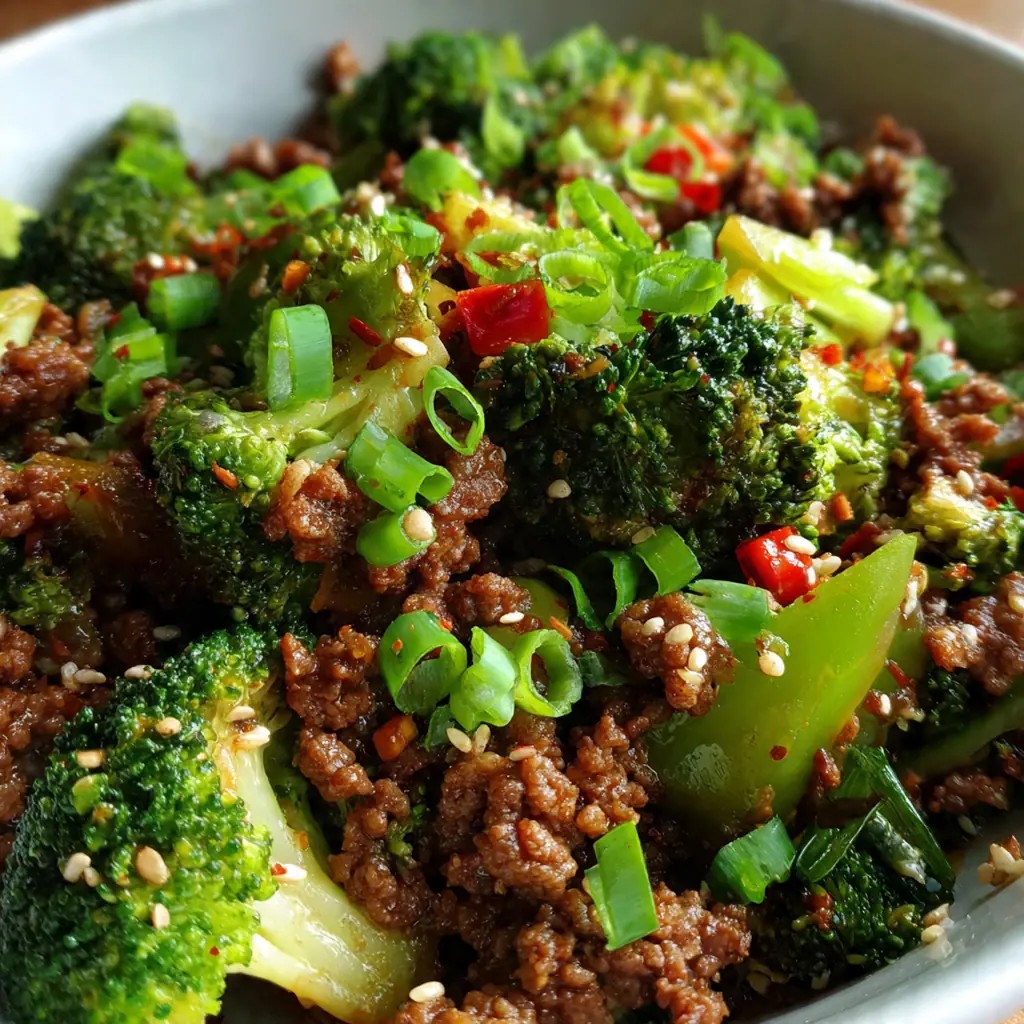 Close-up shot of tender ground beef and crisp bright green broccoli florets tossed in a rich umami sauce.