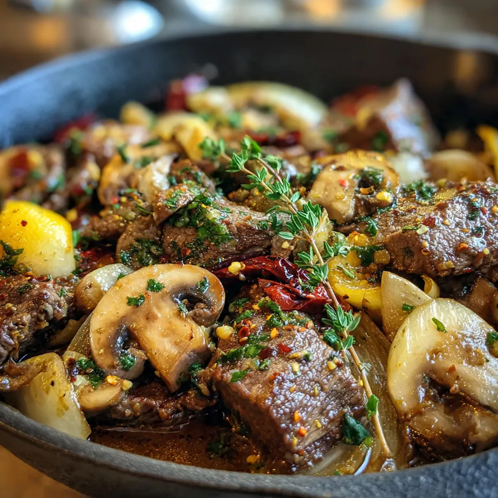 A beautifully plated garlic butter beef skillet dinner served over a bed of fluffy mashed potatoes with a lemon wedge garnish.