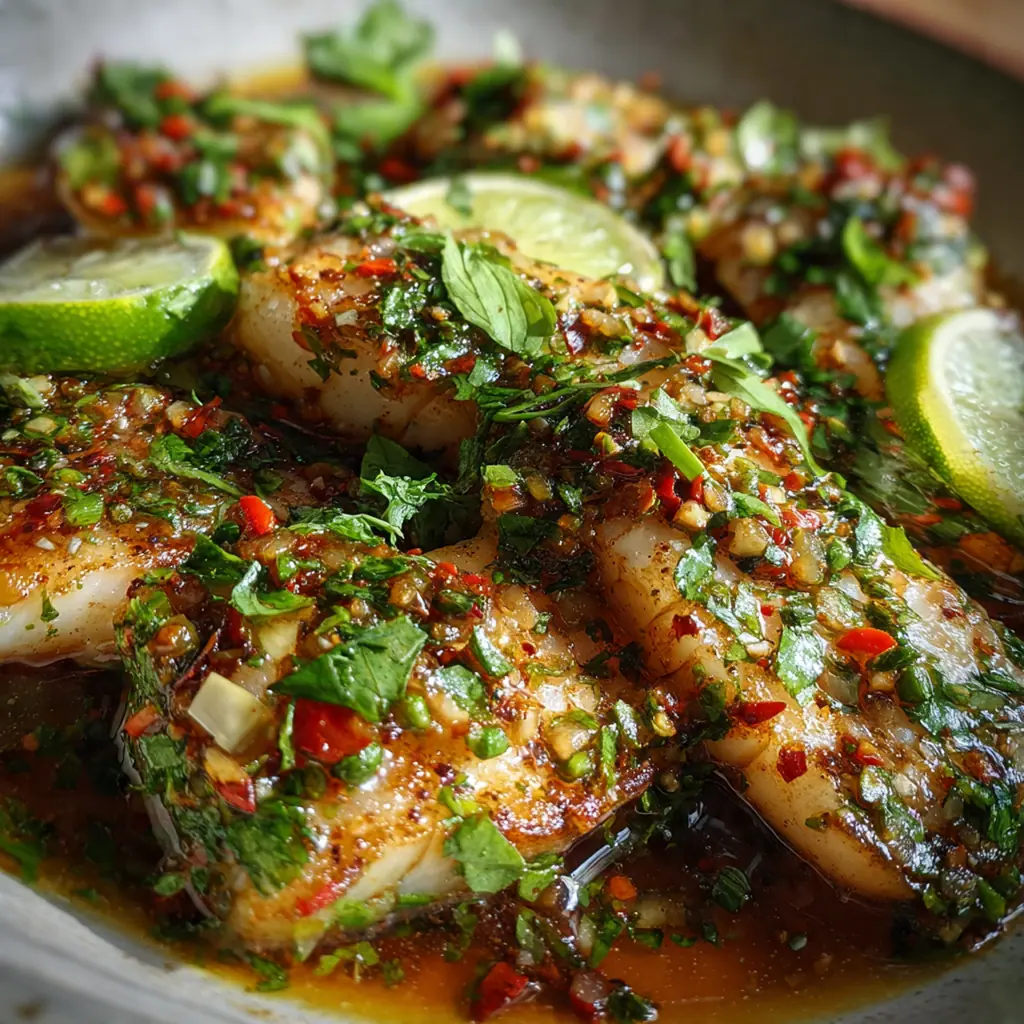 Close-up of a tender fish fillet topped with sliced green onions, cilantro, and Thai chilies, spooned with sauce