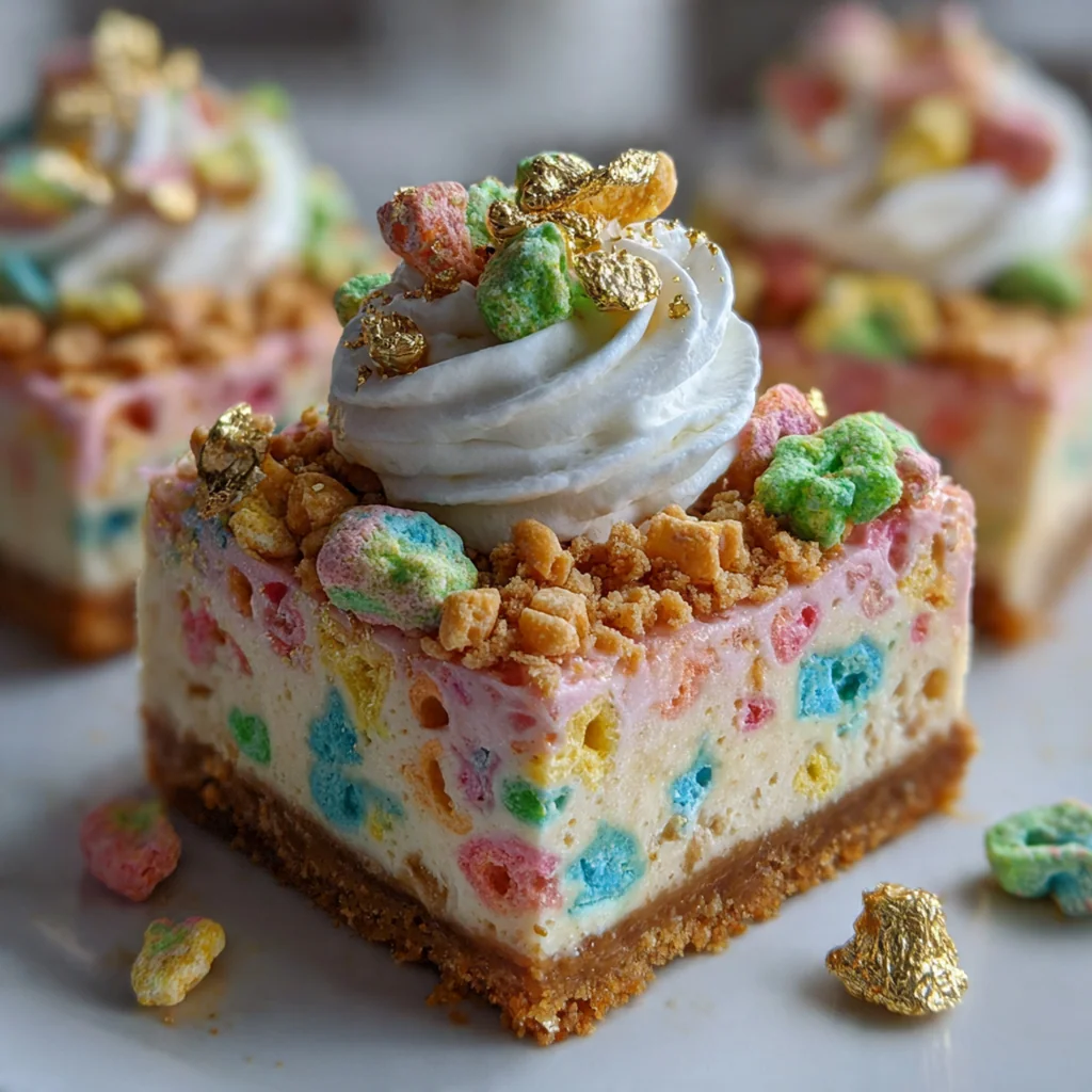 Close-up of colorful Lucky Charms marshmallows nestled in a smooth cheesecake filling
