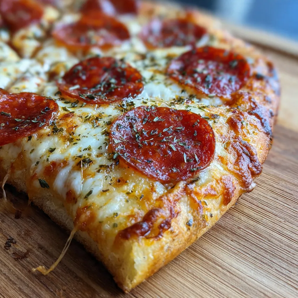 Close-up of a slice of pepperoni pizza being pulled away to reveal the gooey stuffed cheese crust